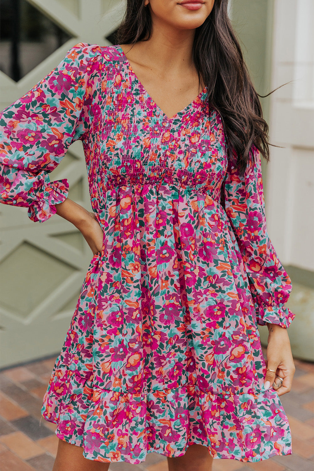 Smocked V Neck Puffy Sleeve Floral Dress