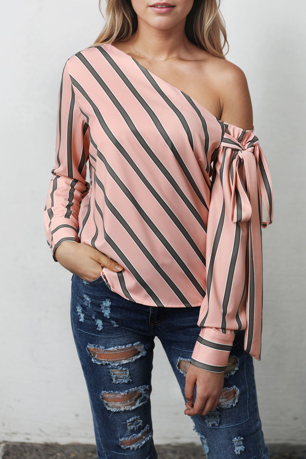 Striped Asymmetric Tied Shoulder Blouse