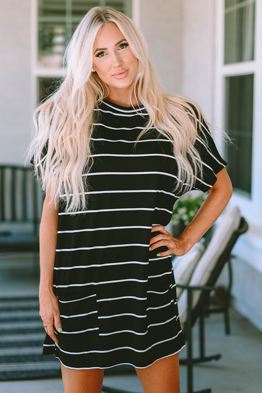 Striped Print Side Pockets Short Sleeve Tunic Top