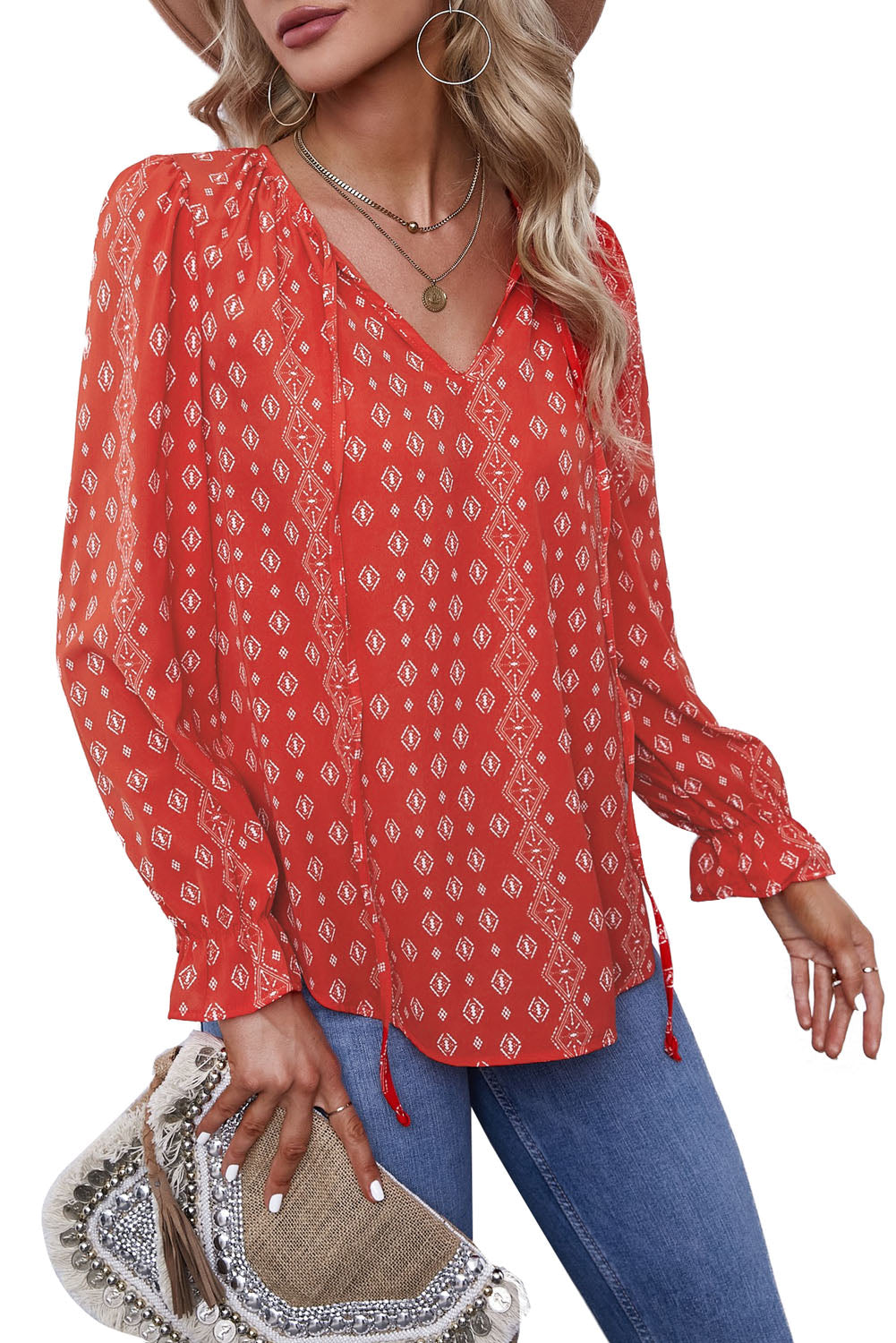 Red Printed Long Sleeve V-Neck Drawstring Shirt