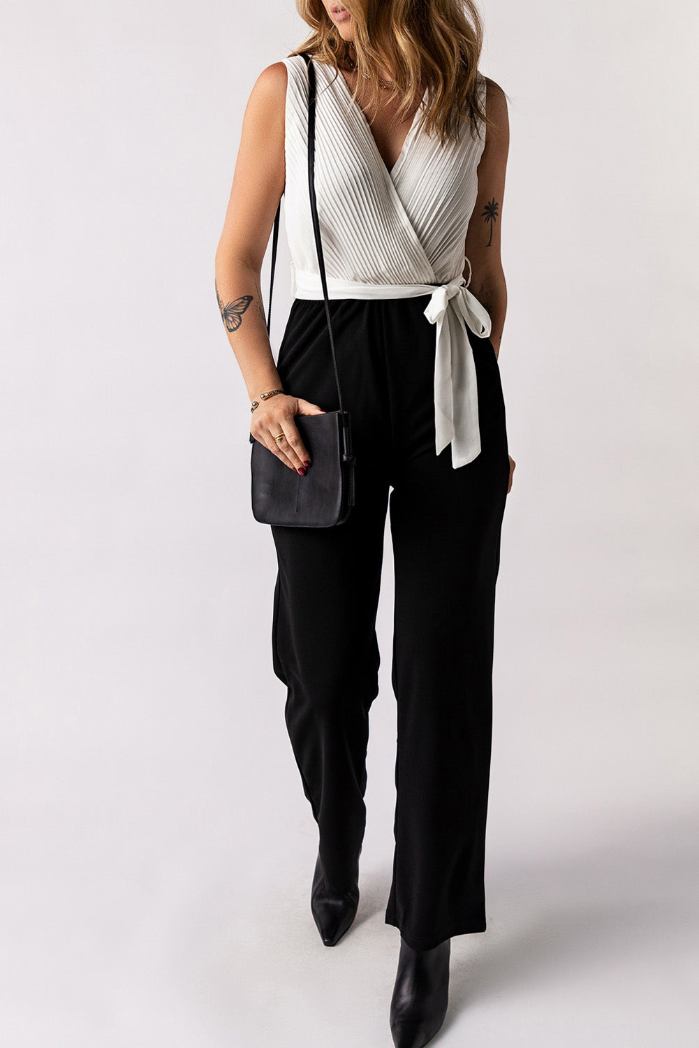 Pleated V Neck Sleeveless Color Block Jumpsuit