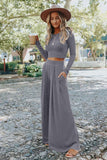 Black Solid Color Ribbed Crop Top Long Pants Set