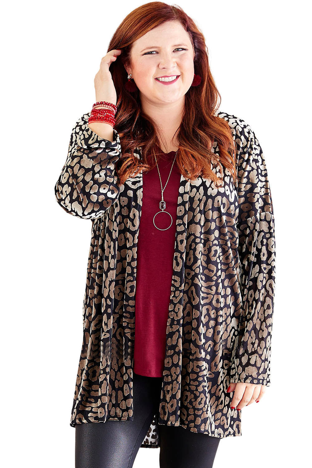 Print Open Front Plus Size Cardigan