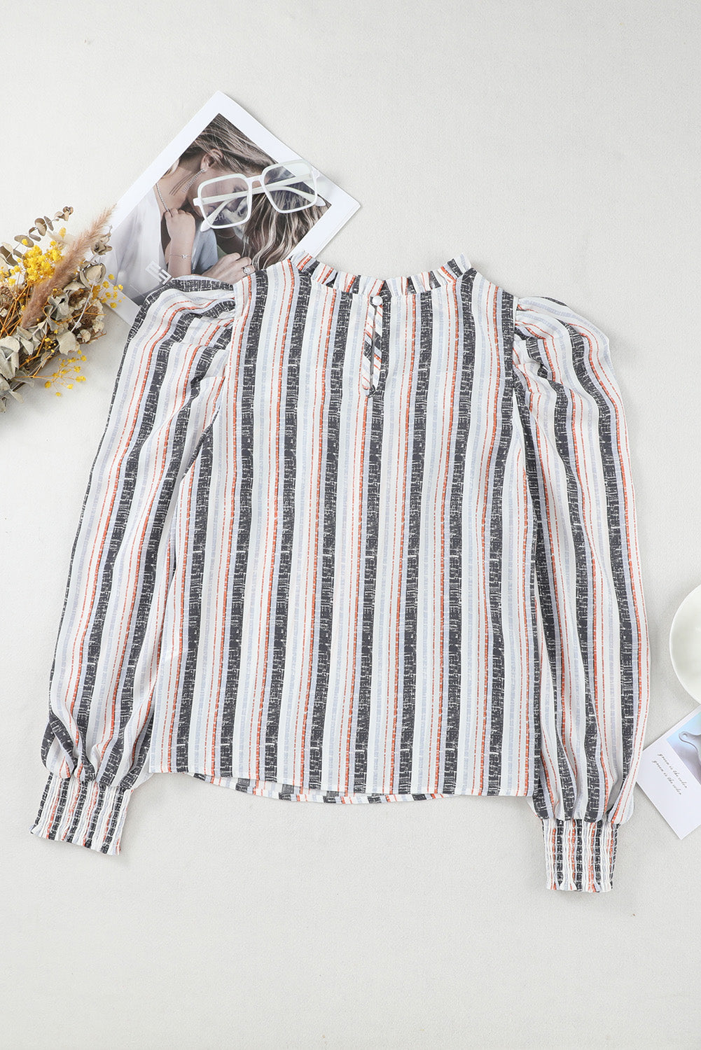 Striped Colorblock Puff Sleeve Frilled Neck Blouse