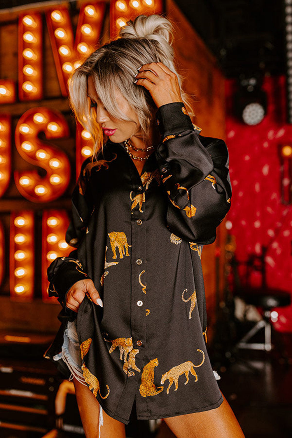 Black Cheetah Animal Print Button Up Satin Shirt