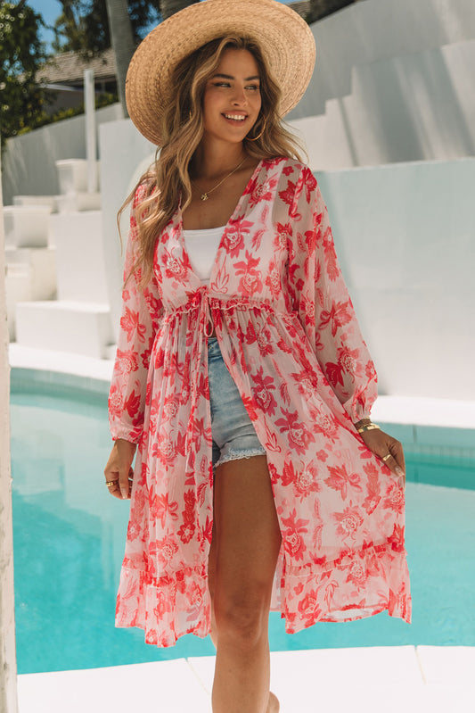 Sweet Floral Print Frill Hem Puff Sleeve Cover Up