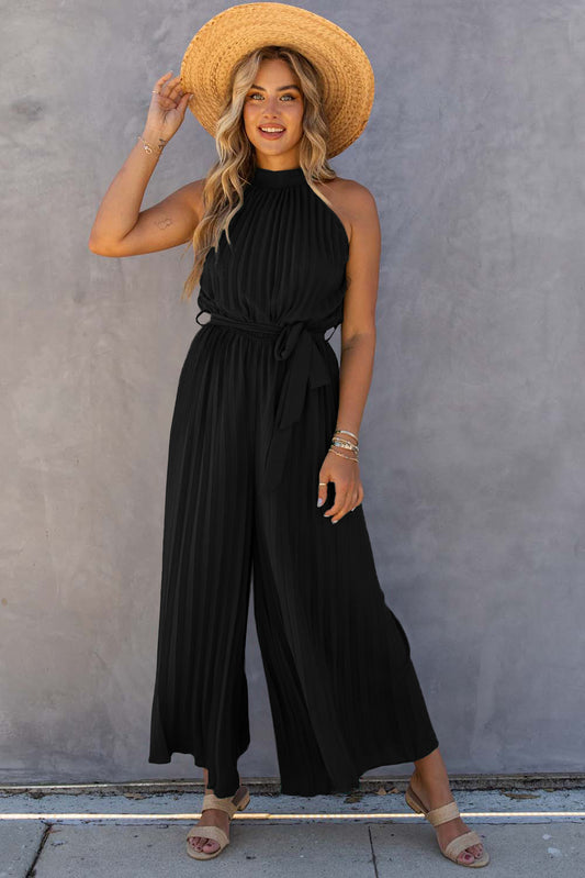 Halter Neck Pleated Wide Leg Jumpsuit with Belt