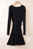 Belted V Neck Ribbed Pleated Sweater Dress