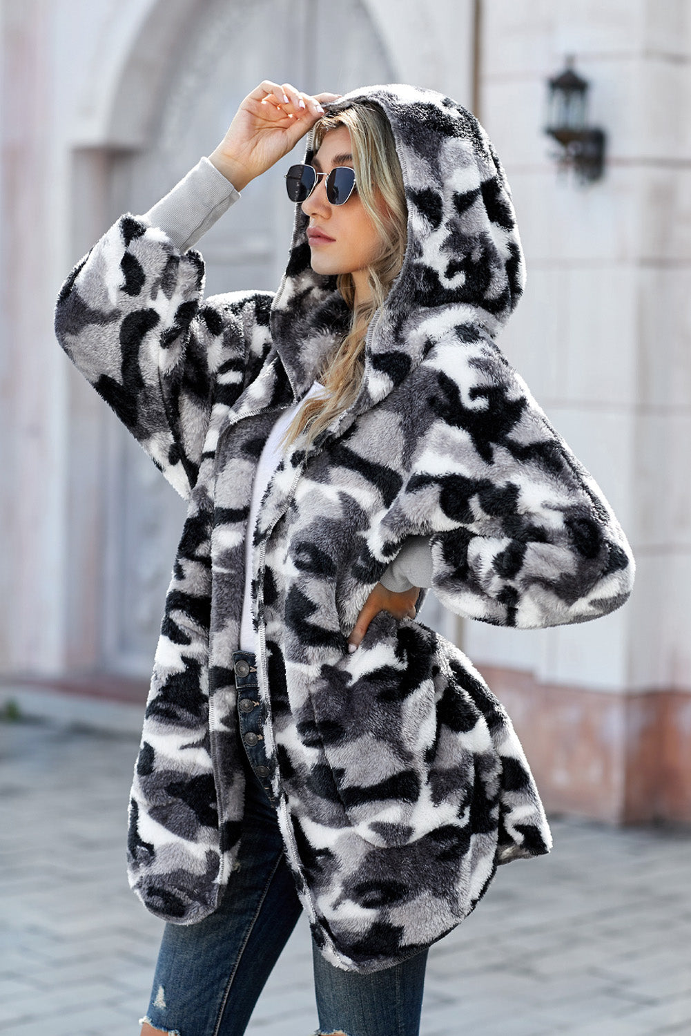 Camo Print Soft Fleece Hooded Open Front Coat