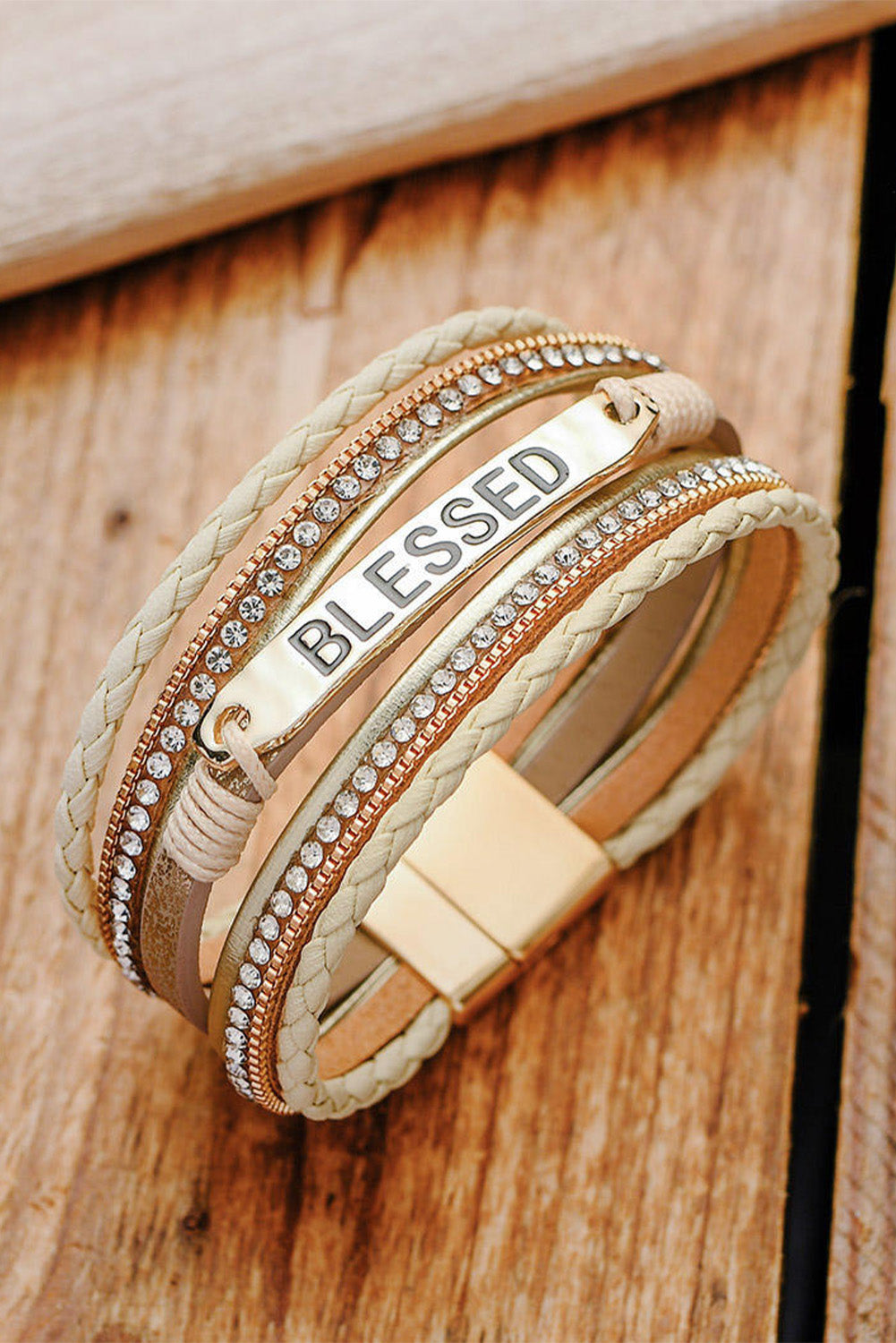 BLESSED Rhinestone Braided Detail Buckle Bracelet