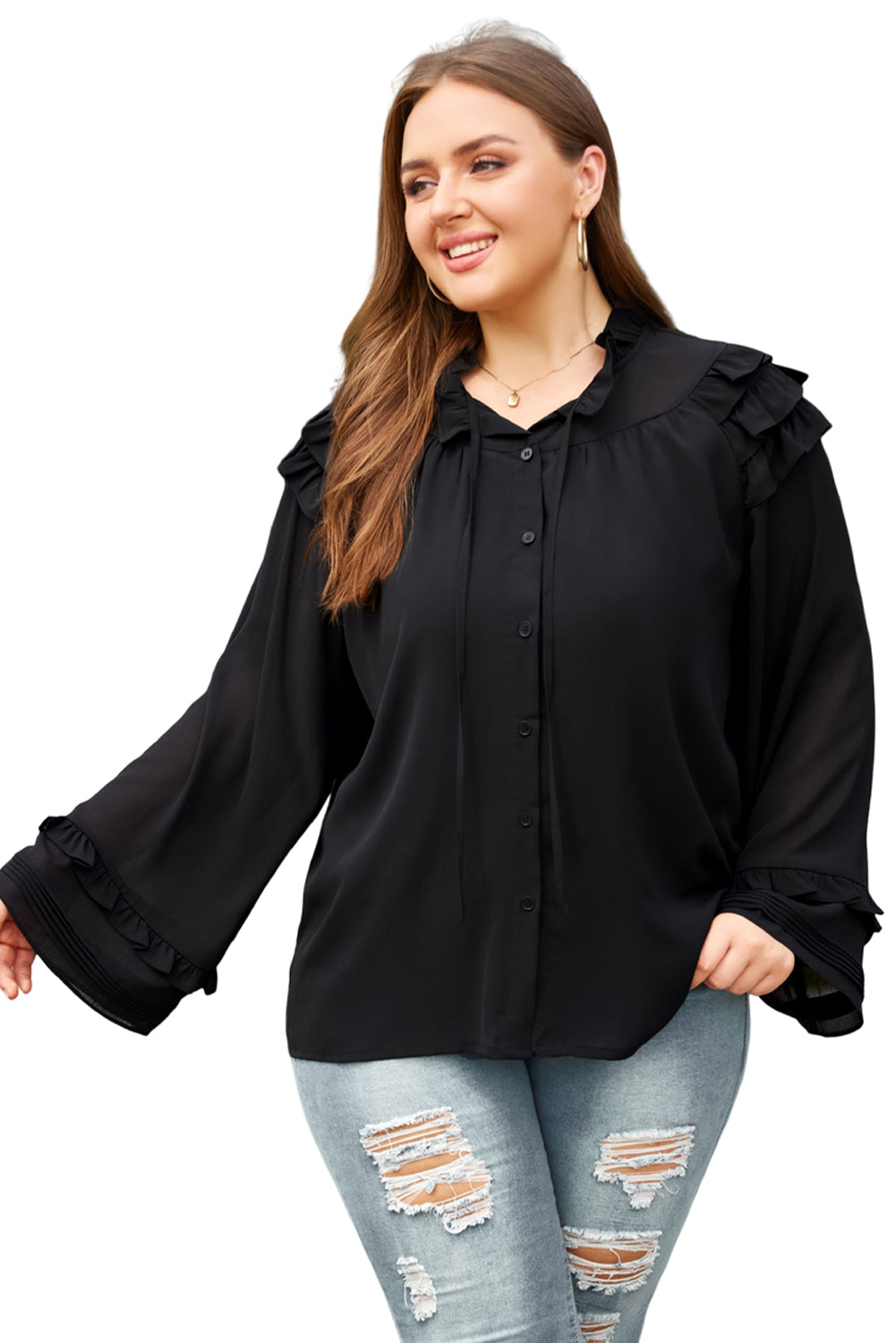 Tiered Ruffled Shoulder Buttoned Plus Size Blouse