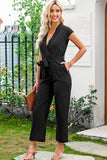 V Neck Pocketed Tie Waist Wide Leg Jumpsuit