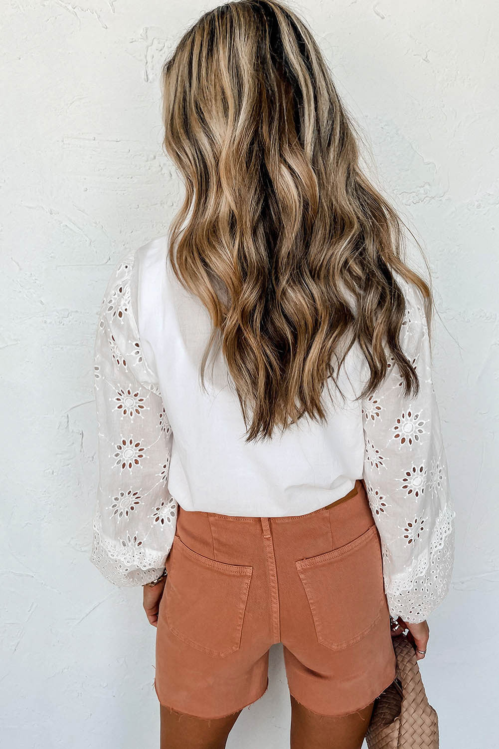 Eyelet Lace Puff Sleeve Split Neck Blouse