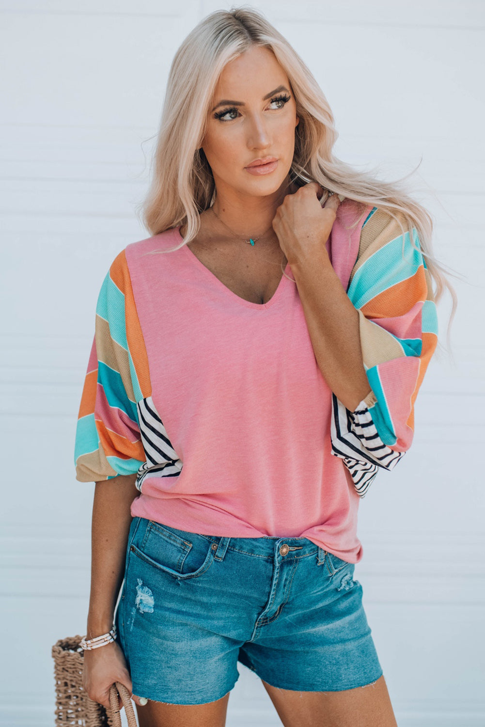 Stripe Color Block Bubble Sleeve Top