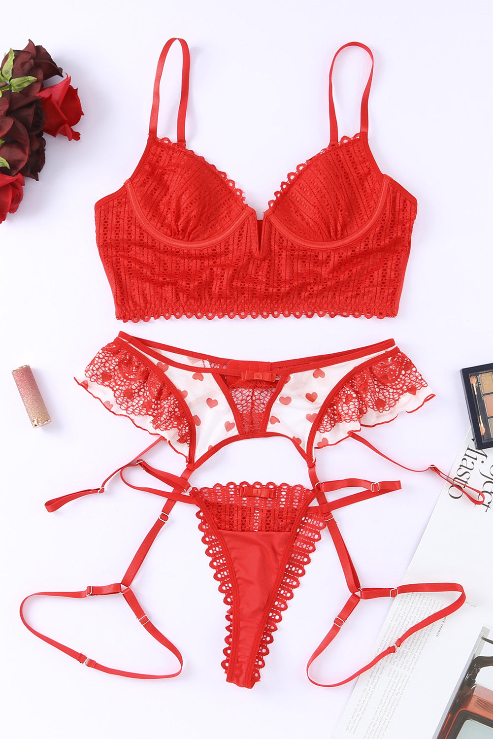 3pcs Heart Print Mesh Splice Sexy Lingerie Set