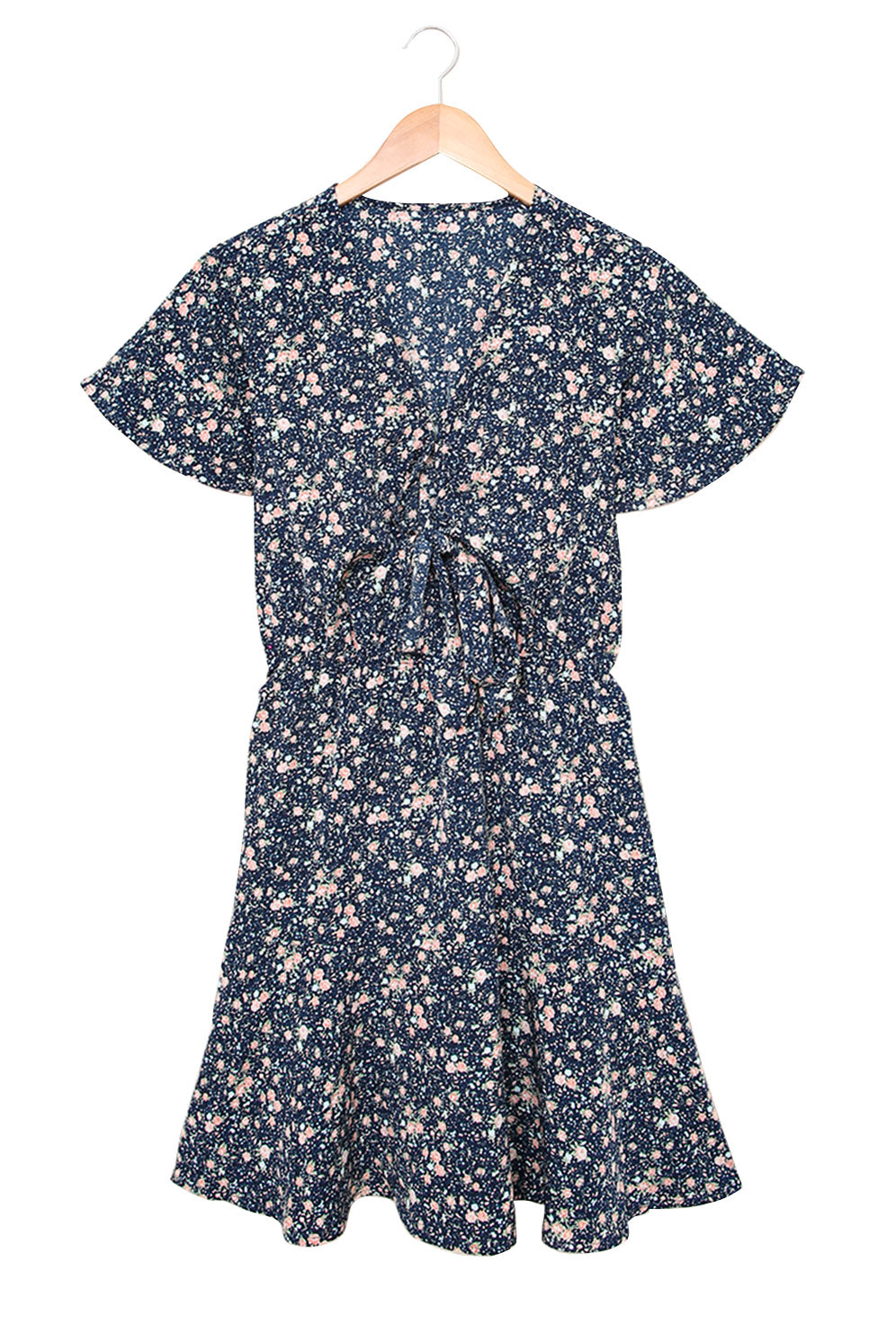 Mini-robe à imprimé floral et nœud papillon à volants et manches courtes bleue