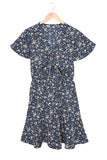 Mini-robe à imprimé floral et nœud papillon à volants et manches courtes bleue