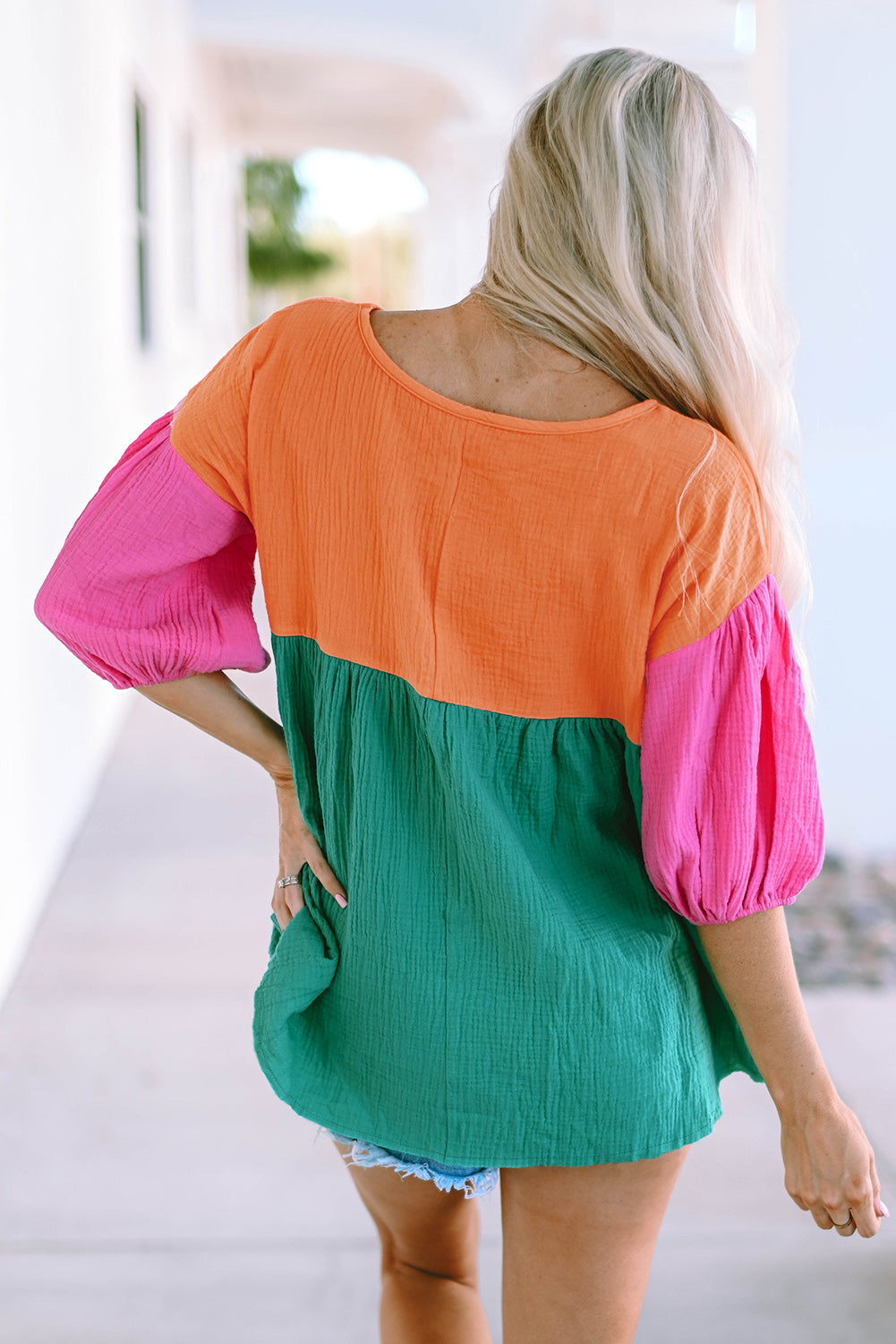 Multicolor Crinkle Bubble Sleeve Color Block Blouse