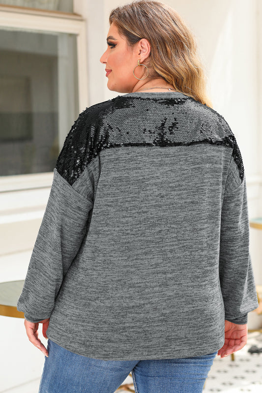 Haut gris à manches longues et patchwork de sequins, grande taille