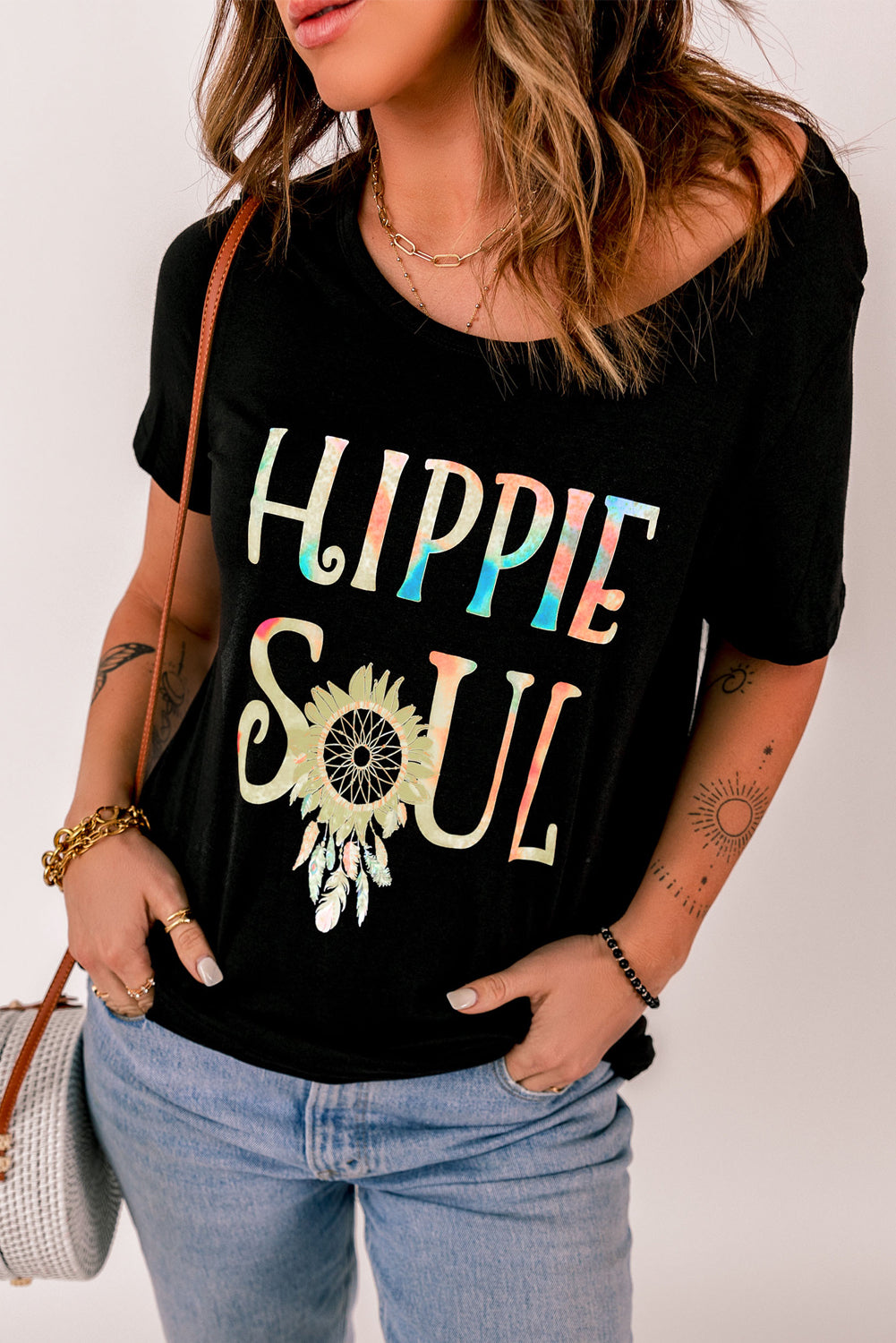 Ombre Tie-dye HIPPIE SOUL Sunflower Feather Print T-shirt