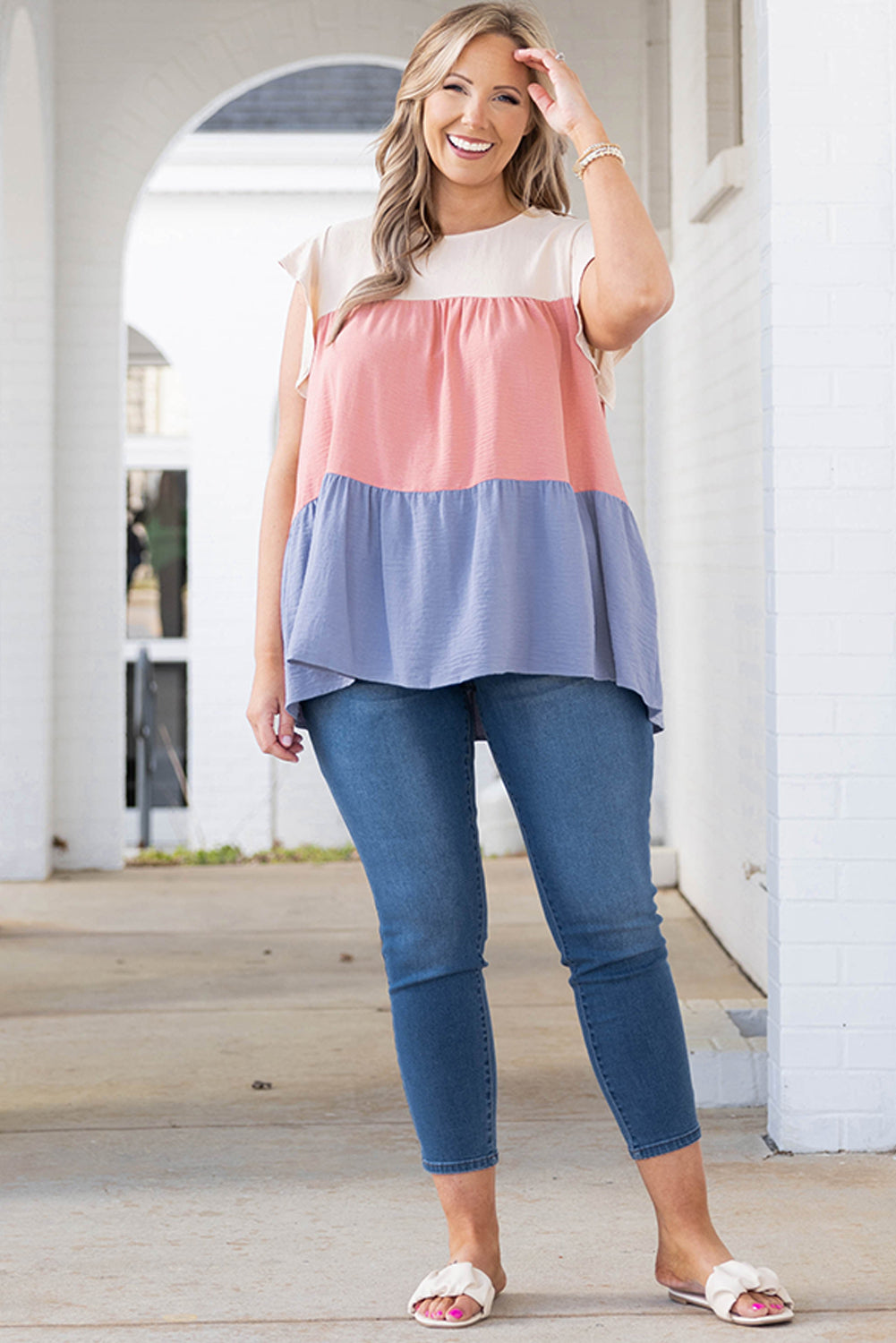 Plus Size Colorblock Ruffle Flowy Top