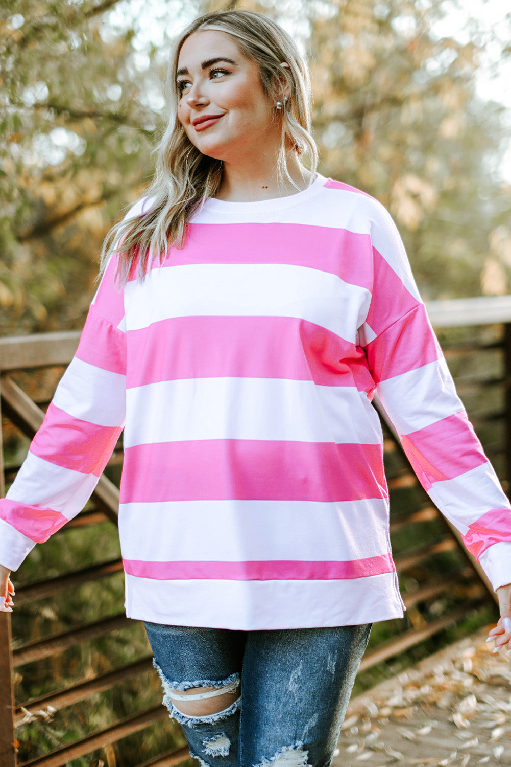 Striped Side Slit Plus Size Sweatshirt