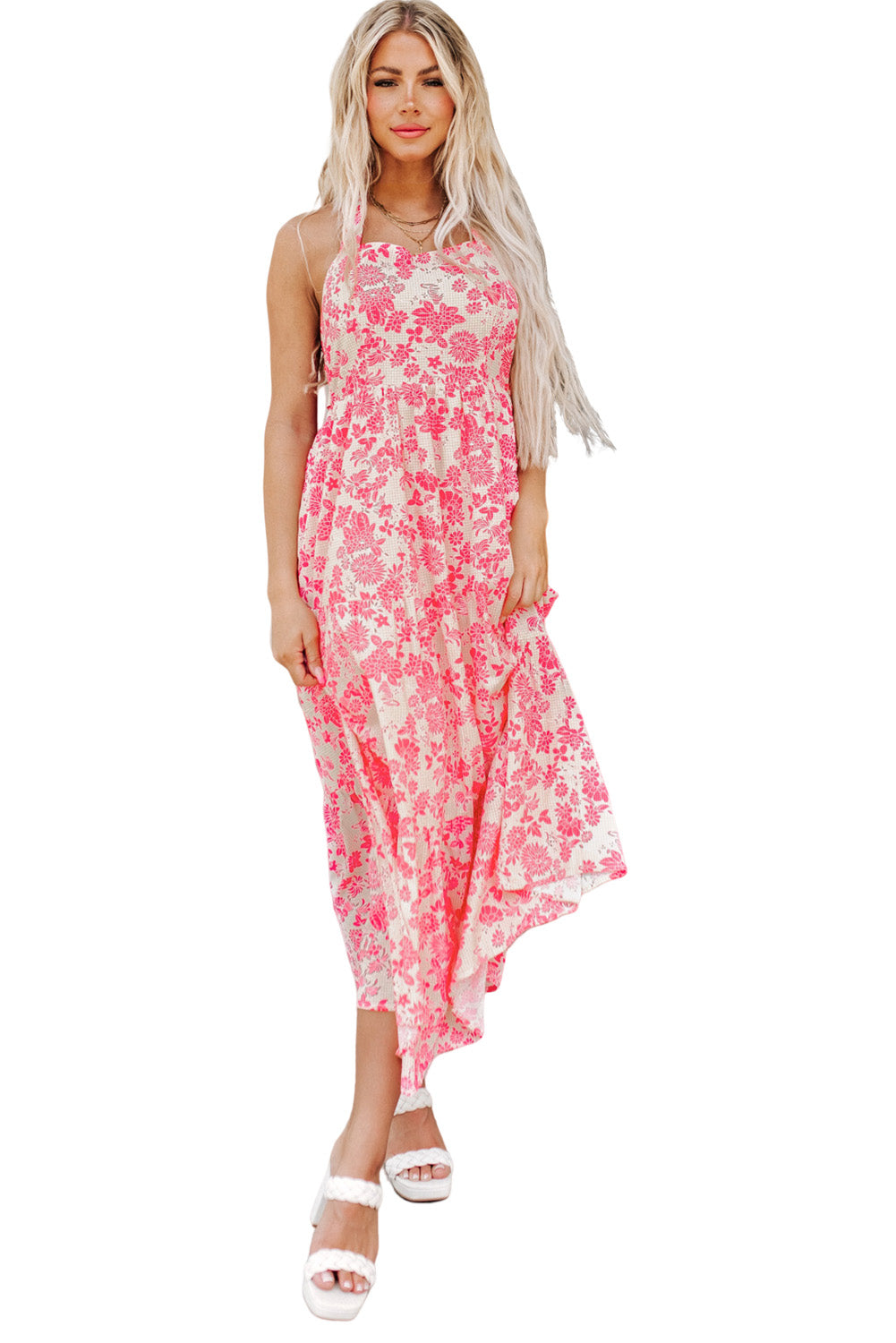 Gingham Floral Tie Shoulder Maxi Dress