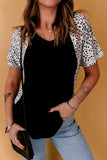 Leopard Sleeves Color Block V Neck T-shirt