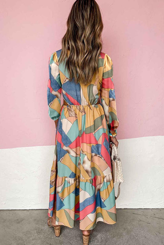 Abstract Print O-ring Cut out Long Sleeve Maxi Dress