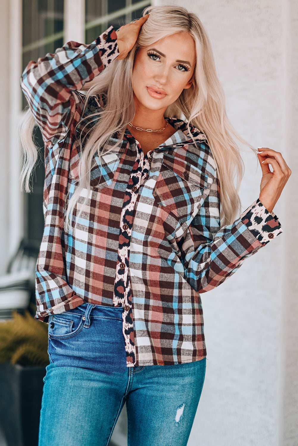 Plaid Print Leopard Trim Shirt Jacket