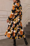 Orange Floral Print Tie Neck Long Sleeve Dress