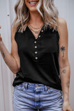 Black Half Button V Neck Patched Pocket Tank Top