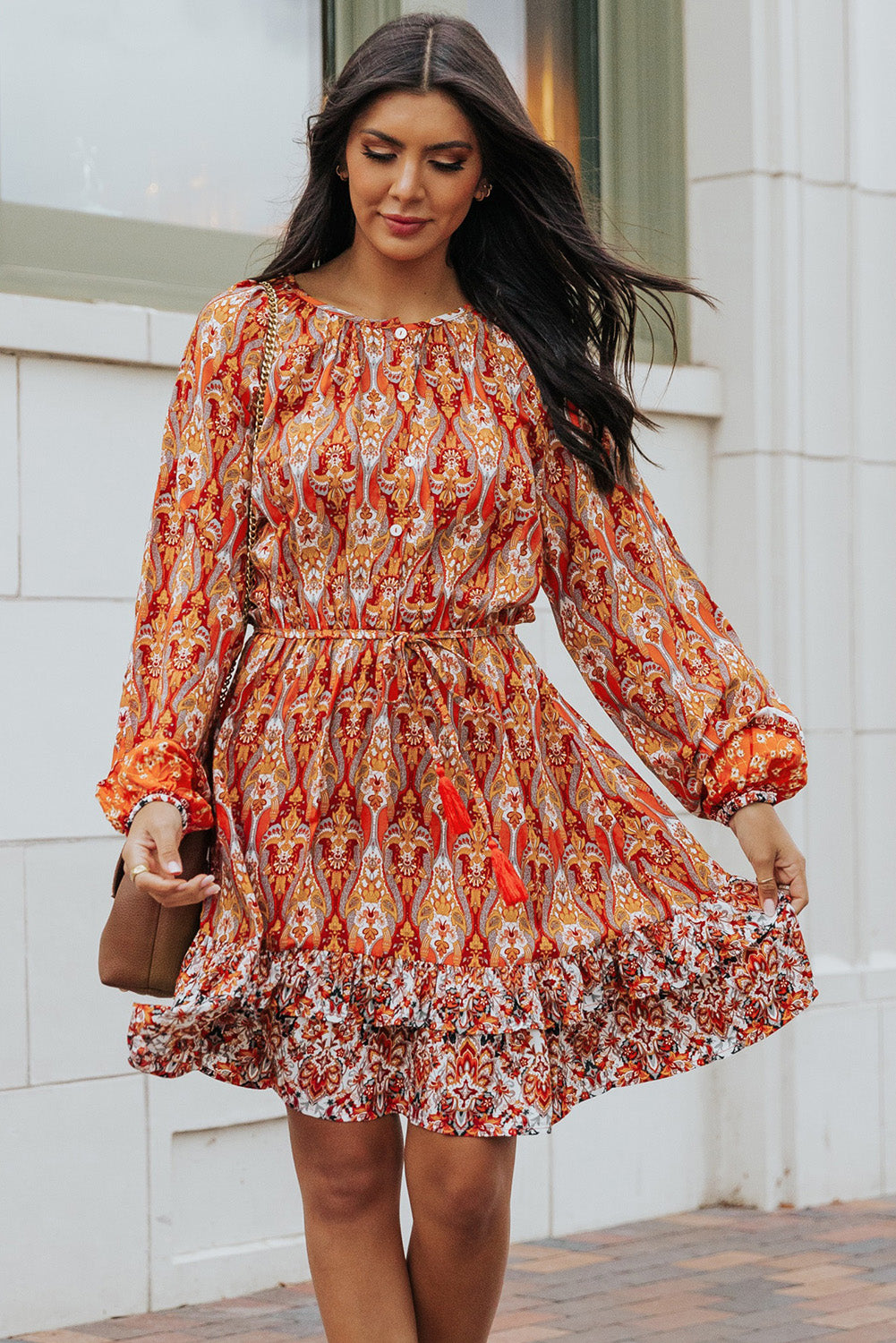 Western Pattern Print Lantern Sleeve Drawstring Mini Dress