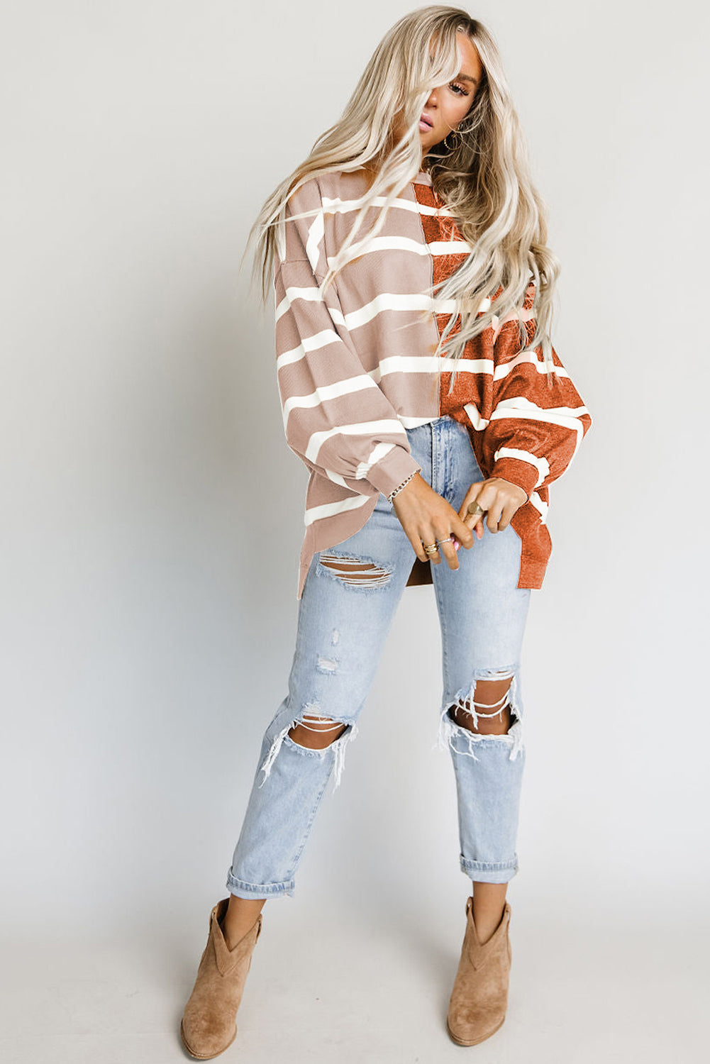 Stripe Oversized Contrast Printed Dropped Shoulder Top