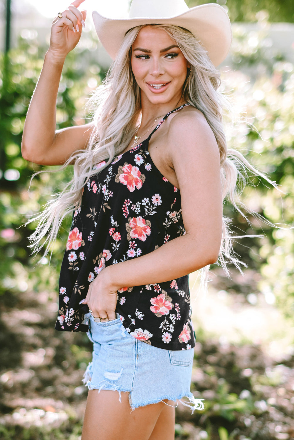 Beige Floral Spaghetti Straps Strappy Back Tank Top