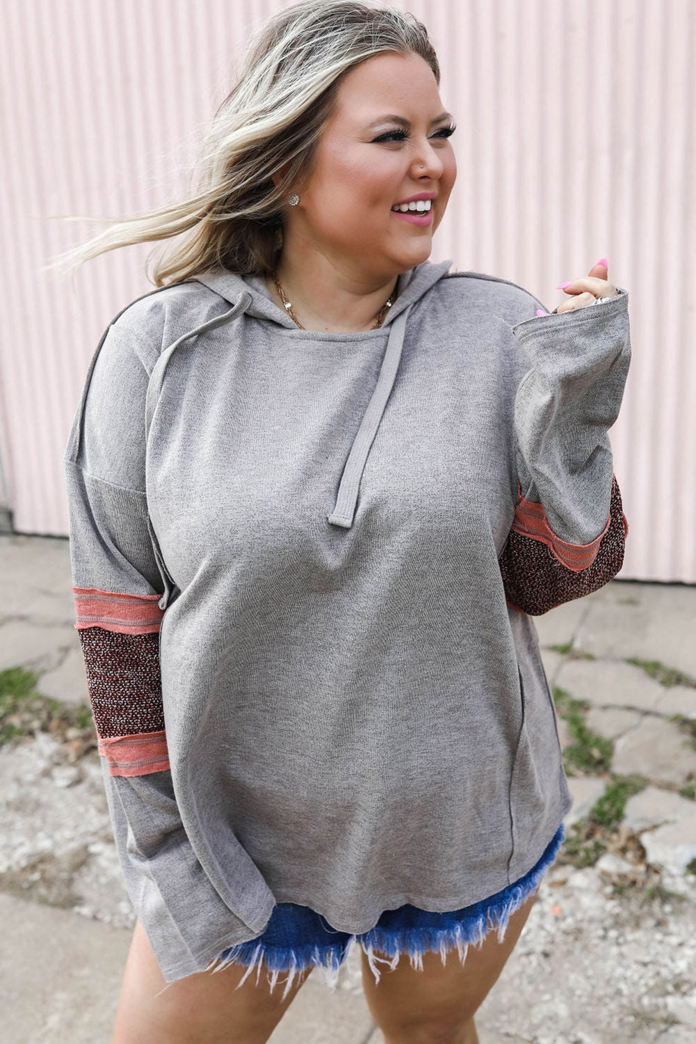 Contrast Patched Sleeve Plus Size Hoodie