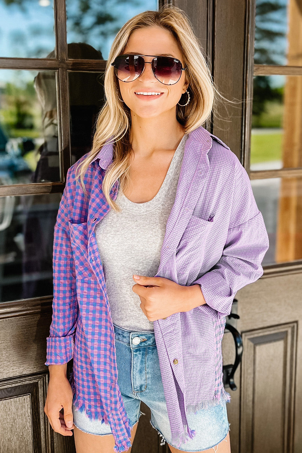 Mixed Plaid Button Down Long Sleeve Chest Pocket Shirt