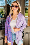 Chemise violette boutonnée à manches longues et poche poitrine à carreaux mélangés