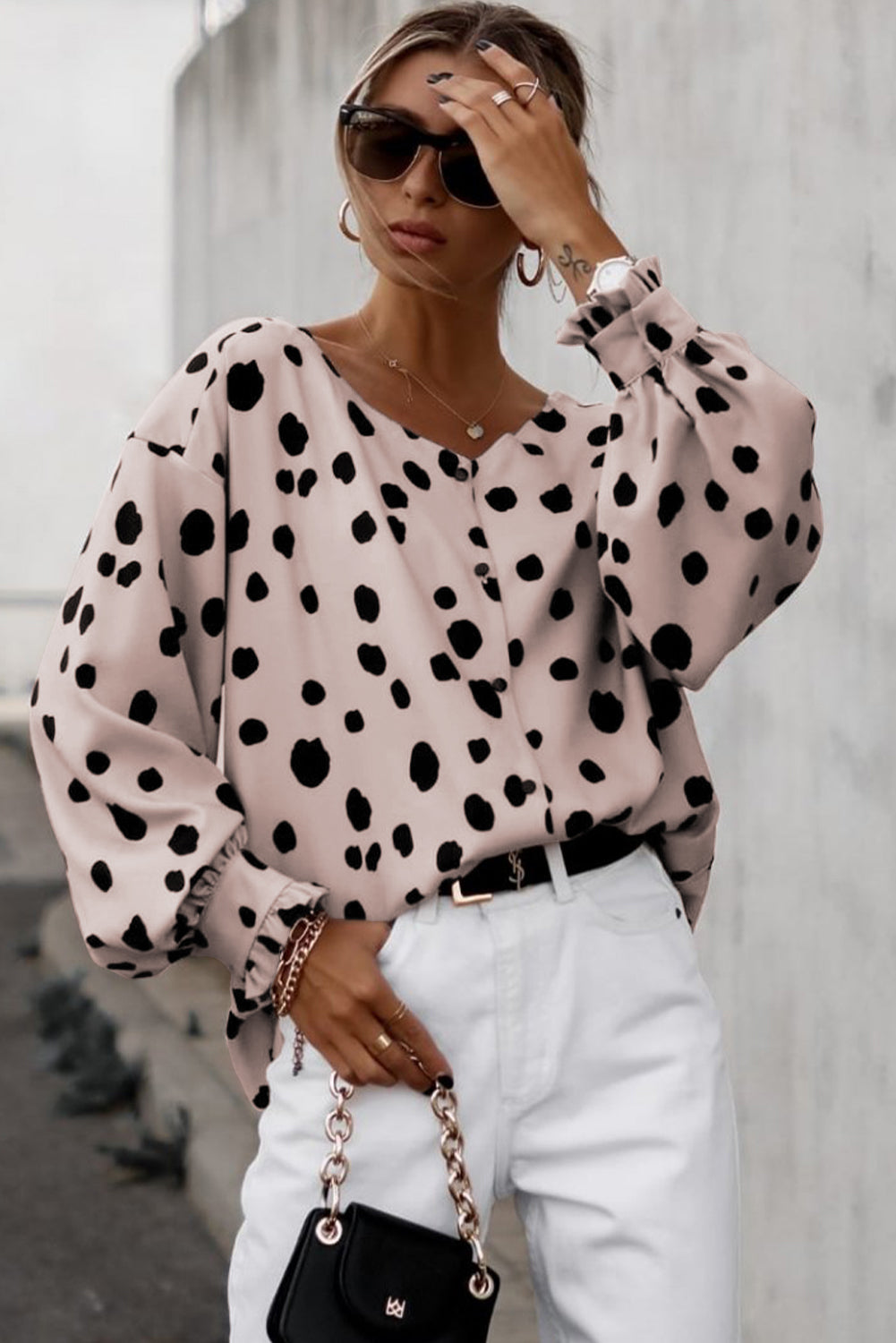 Button Frill Cuffs Oversize Puff Sleeve Blouse