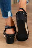 Black Vintage Leather Stitching Studded Wedge Sandals