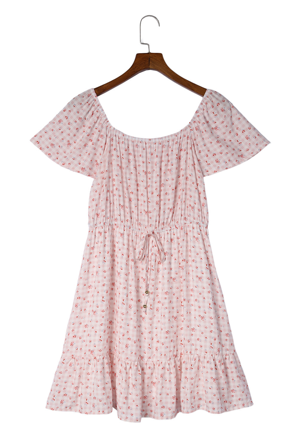 Robe florale rose à taille élastique et ourlet à volants