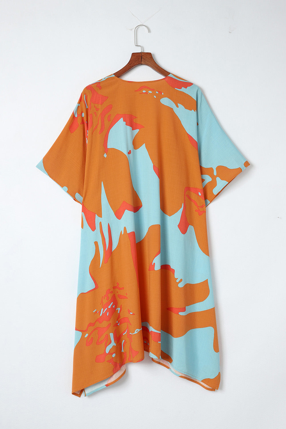 Abstract Print Open Front Kimono with Slits