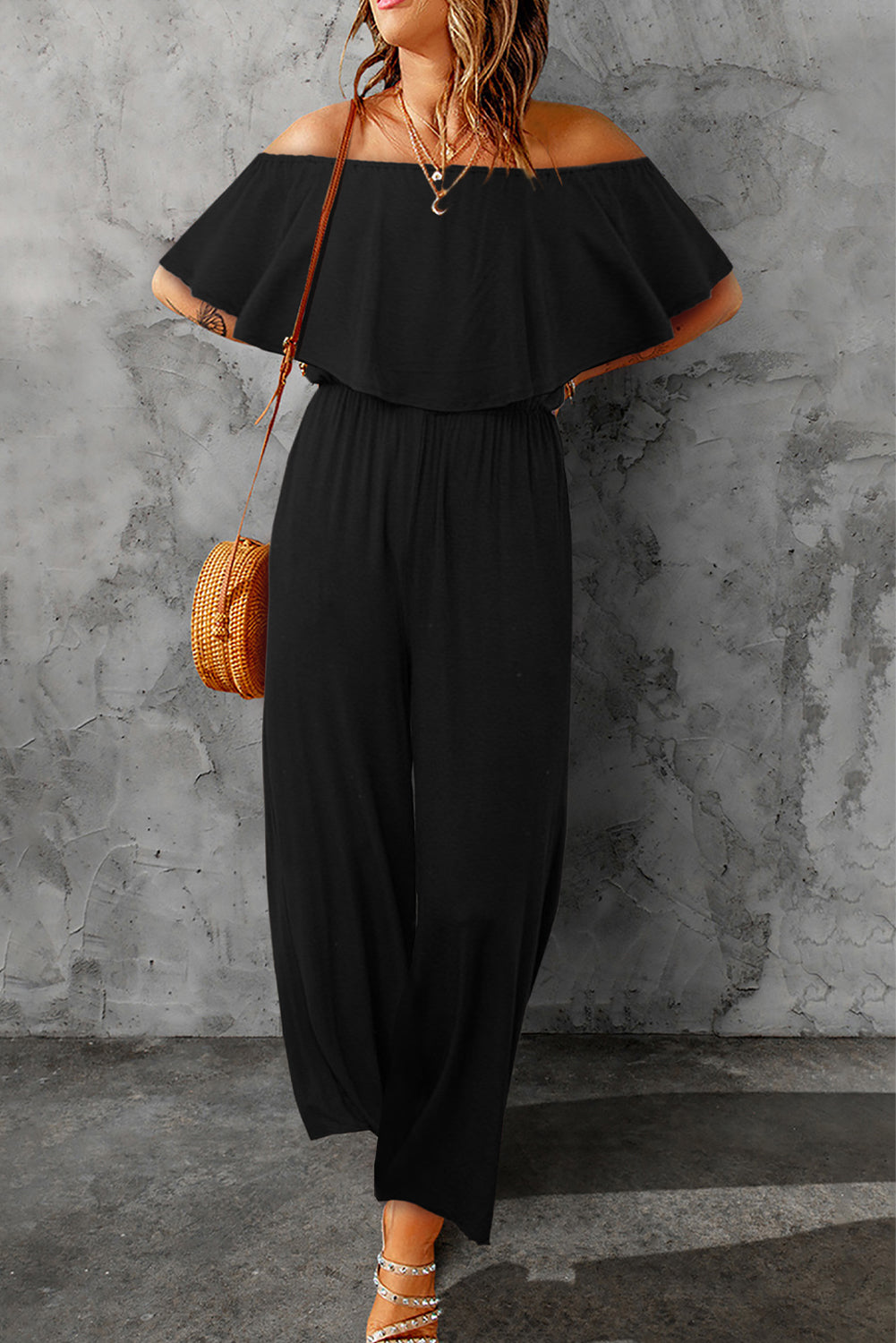 Solid Color Off Shoulder Wide Leg Jumpsuit