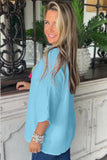 Aruba Blue Crinkled Bracelet Sleeve Flowy Blouse