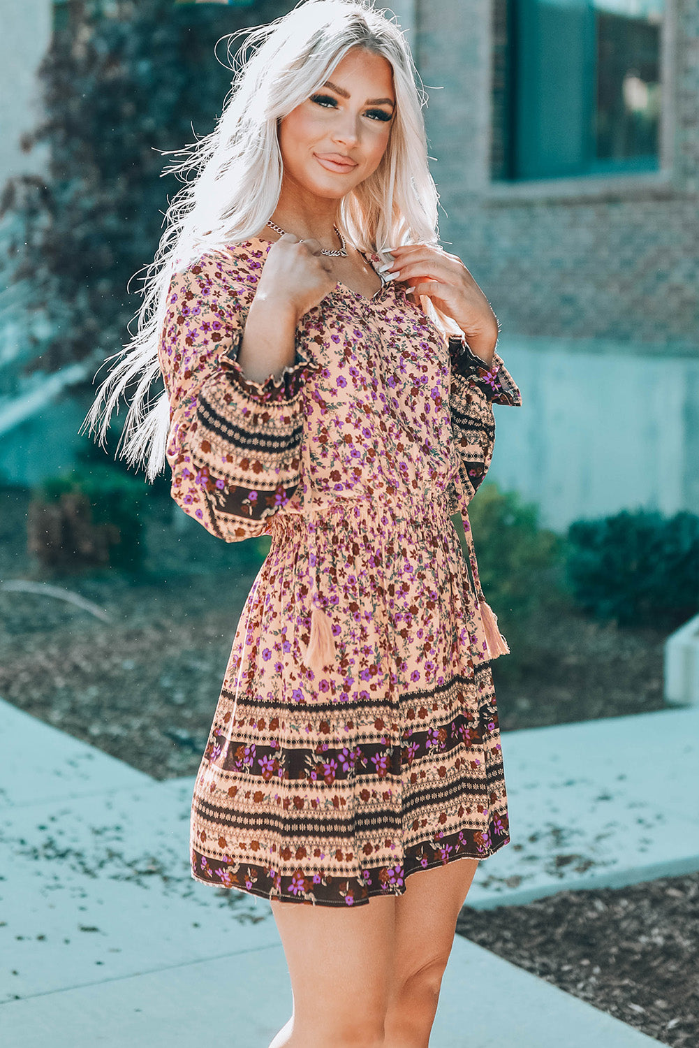 Split V Neck Boho Floral Dress