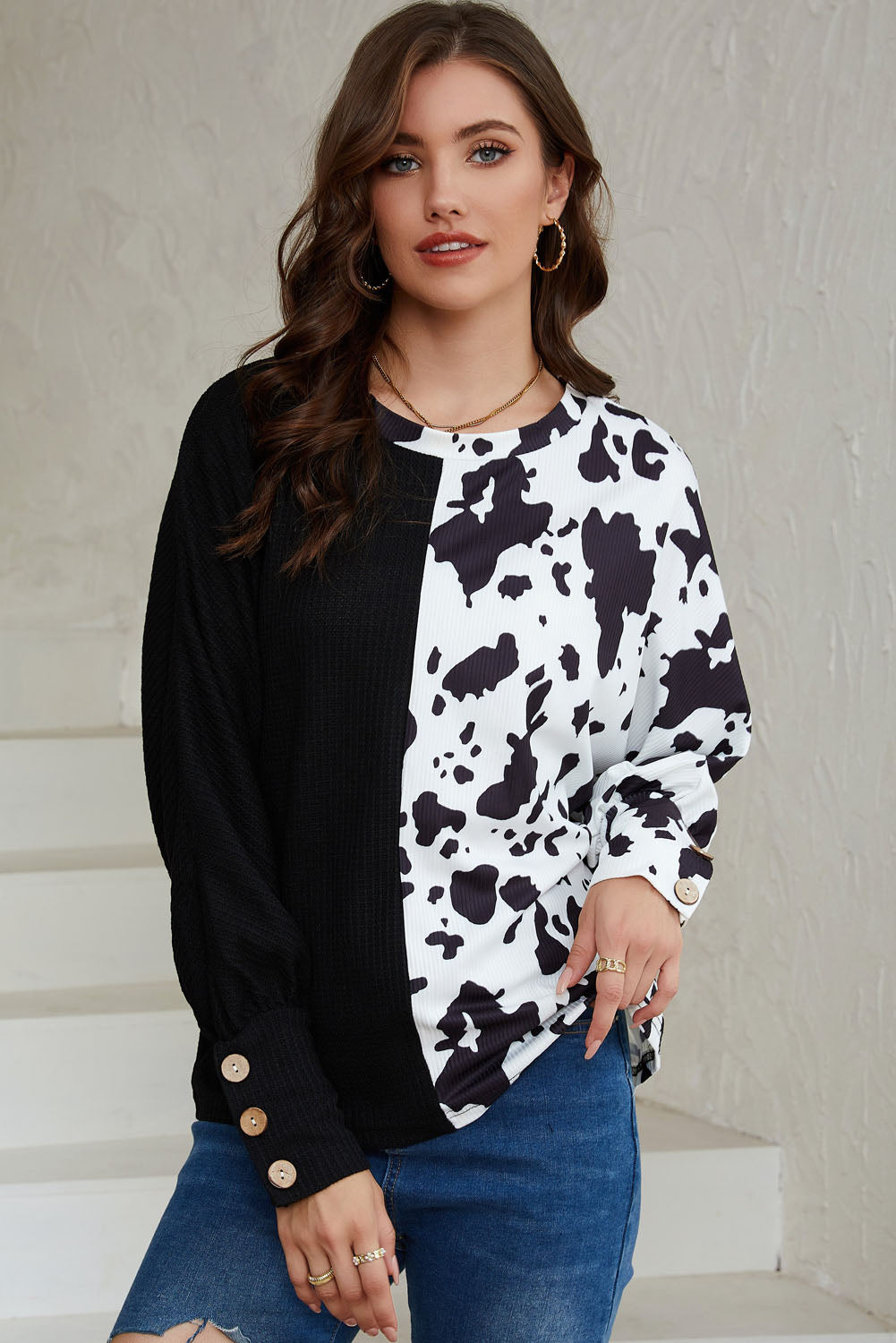 Cow Patchwork Waffle Knit Long Sleeve Top