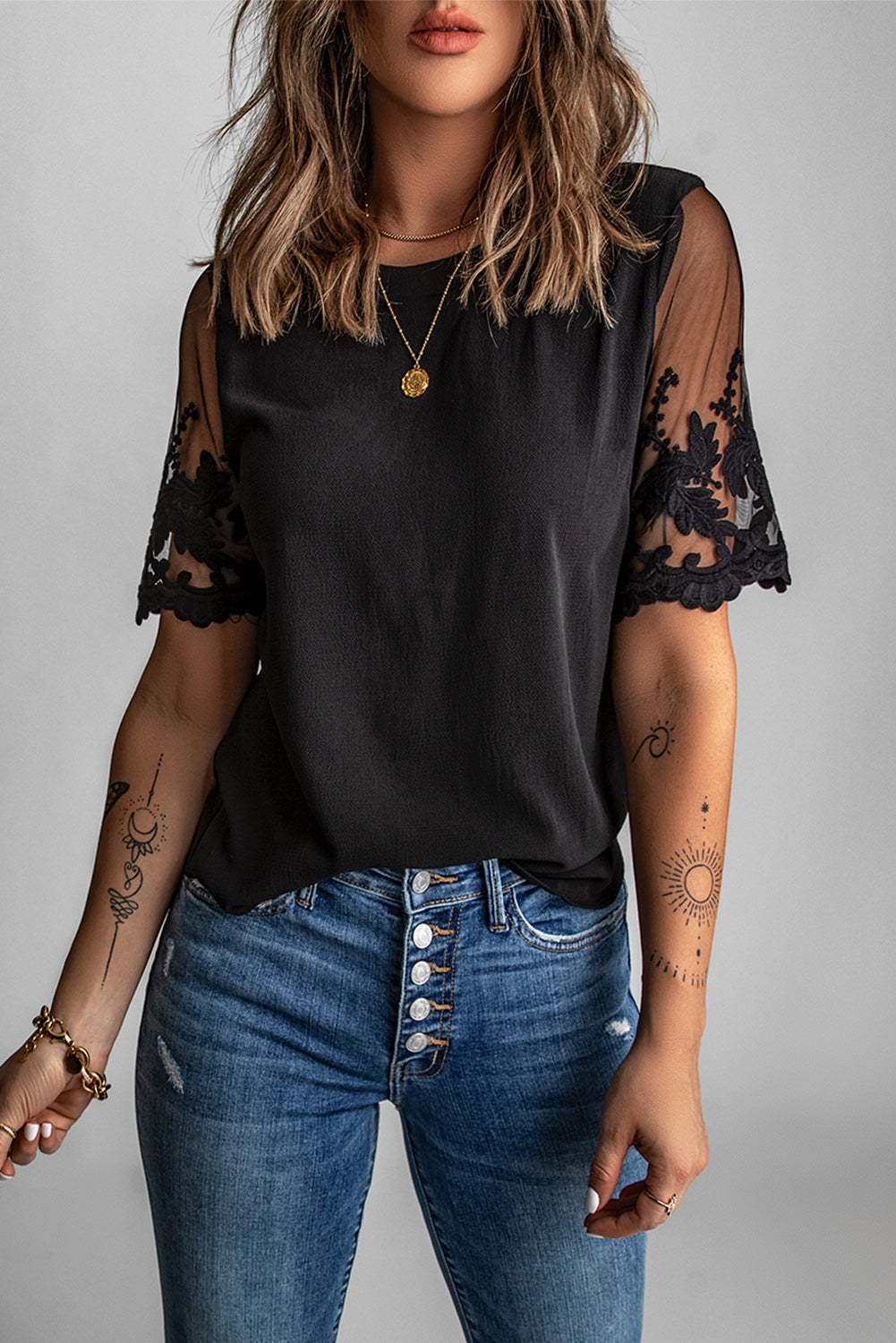 Floral Lace Sleeve Patchwork Top