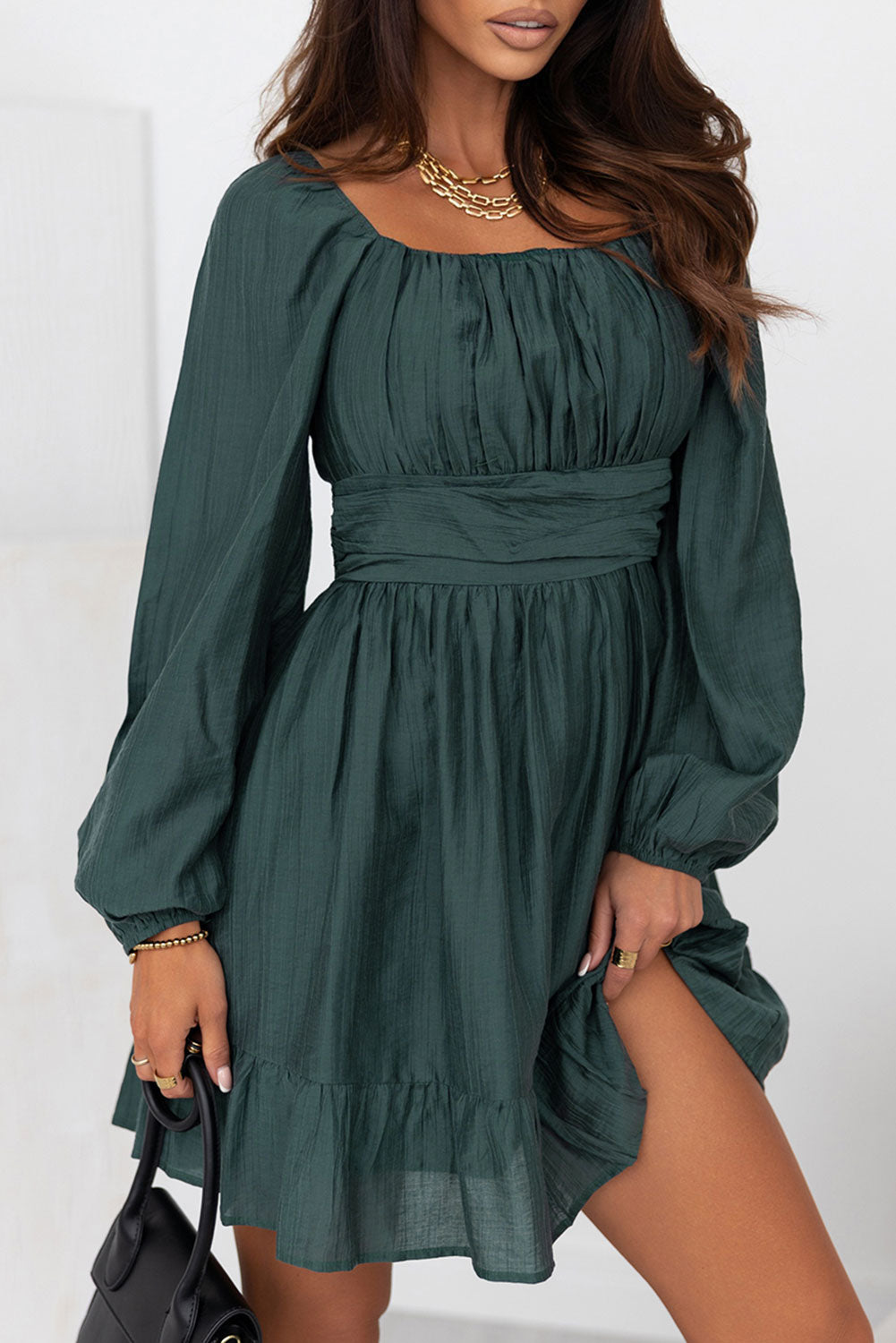 Ruched Square Neck Puff Sleeve Mini Dress