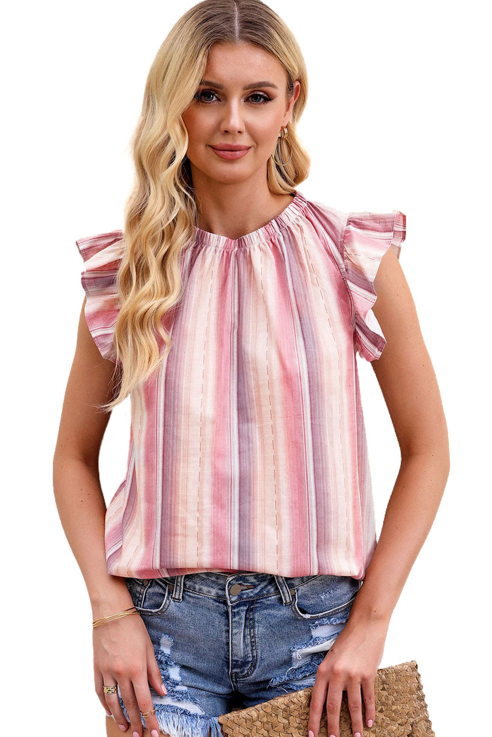 Striped Print Crew Neck Ruffle Blouse