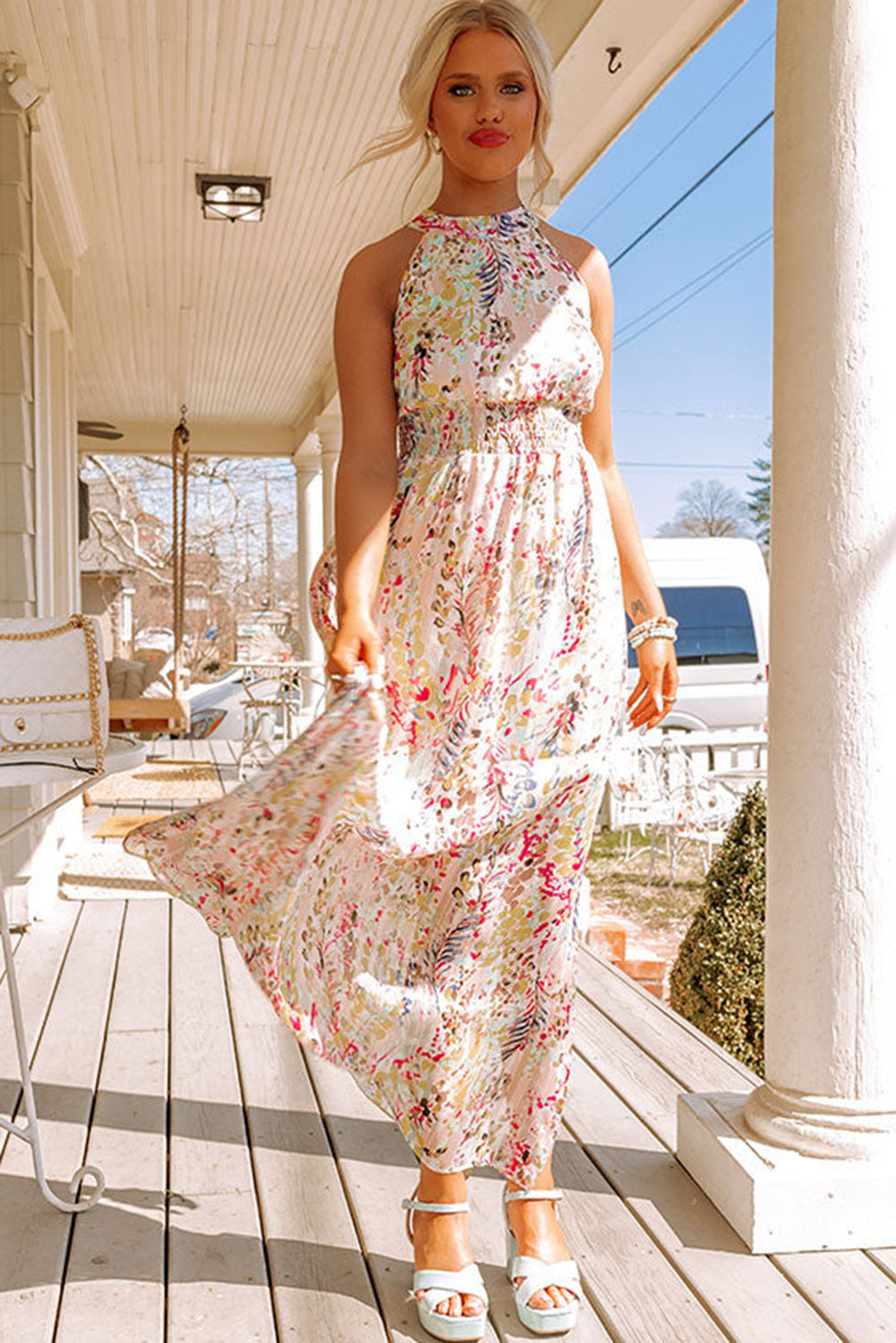 Crisscross Backless Long Floral Dress